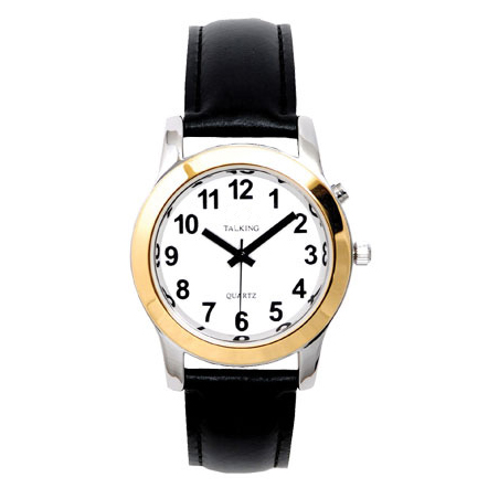 Two Tone Ladies Talking Watch White Face - Choice of Voice - Black Leather Band - Click Image to Close